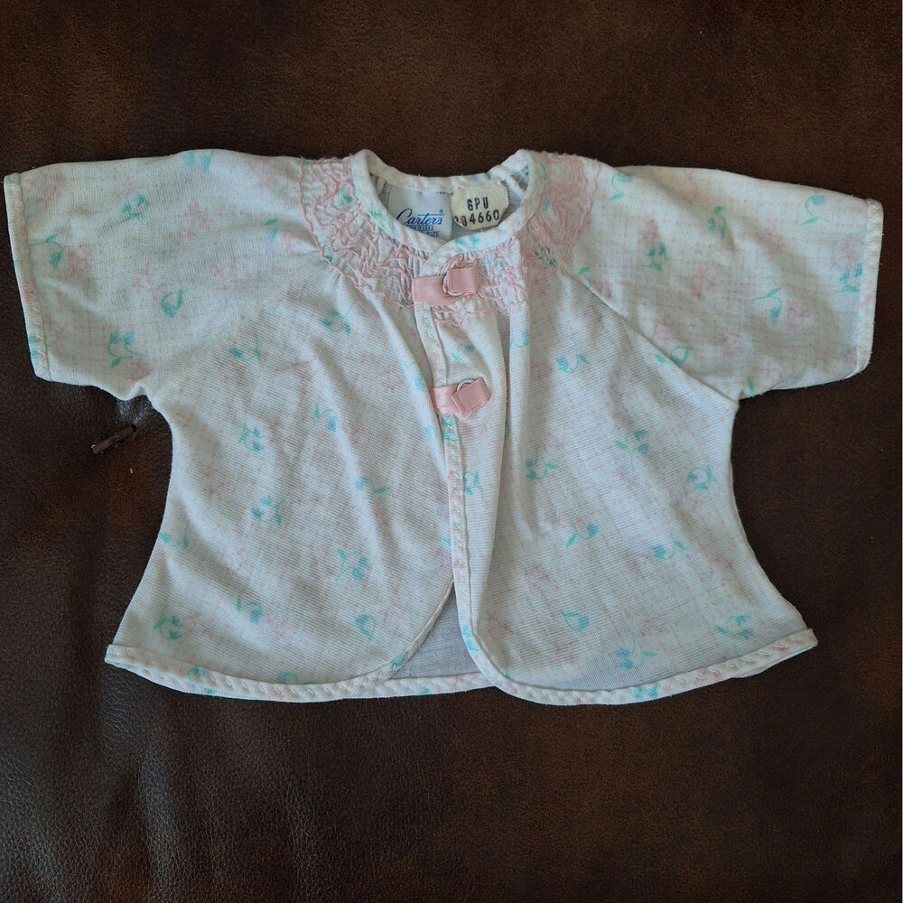 VTG RARE Carter's Smocked Baby Girl Sacque Jacket – Pink Floral Layette Size EUC
